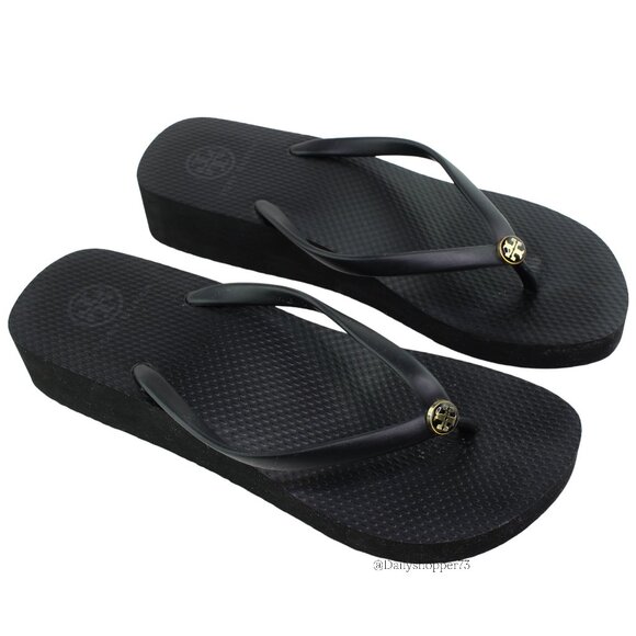 Tory Burch Womens Black Rubber Platform Wedge Thong Flip Flop Sandals - Picture 1 of 6